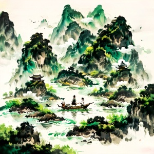 微观，俯拍，极简，中国水墨画，半透明石绿色的山，一个坐在船上的人，流动的线条，顶视图，极简主义，4K超高清细节，留白极简
