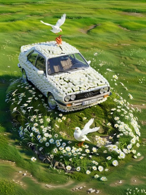 一辆由白色雏菊制成的汽车，鸟瞰图，在绿色的草地背景上，以马丁·帕里什和川内Rinko Kawauchi和Miki Asai的风格，流行超现实主义，超写实。