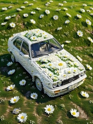 一辆由白色雏菊制成的汽车，鸟瞰图，在绿色的草地背景上，以马丁·帕里什和川内Rinko Kawauchi和Miki Asai的风格，流行超现实主义，超写实。