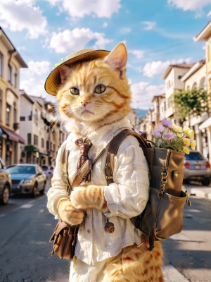一只可爱的黄色猫猫戴着帽子，背着挎肩包，大街上，4k，大师杰作，超真实 ，高速摄影，极特写，低角度，焦外成像，高感光