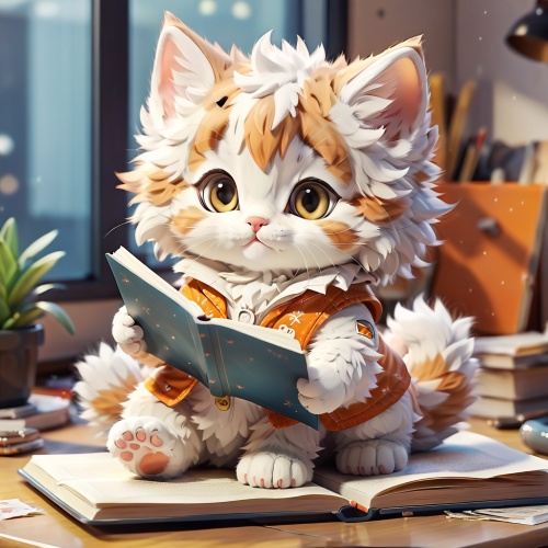 一只可爱胖胖的毛茸茸小猫白色+橙色的毛发，趴在书桌上看书,全身,室内,春天,长焦镜头,全身镜头,柔和光线