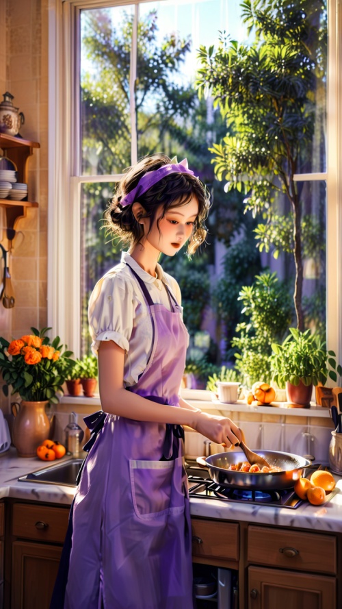 一个美丽的短头发女孩,穿着紫色的围裙,正在她家的厨房里做饭。她身后的窗户外面有一棵桔子树,树下还有一些火光。动画风格,采用最高质量的插图质量,可爱的卡通设计,高度细节,最佳分辨率,可爱的版本。