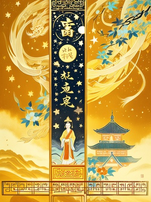 A huge gilded brush takes up 50% of the space of the picture , floating Chinese characters , golden tones , a tiny mysterious figure standing on the scroll , the stars are brilliant , dazzling light and shadow , ultra - fine details , memorial murals , Meticulous brushwork style