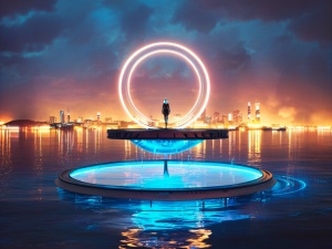 水面上漂浮着一个圆形平台，平台上有一个水滴形状的雕塑，背景是城市的夜景