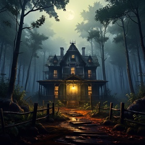 幽暗的森林深处，雾气徐徐，在昏暗的月光下，有一个破烂的小木屋，透漏出诡异和恐怖
