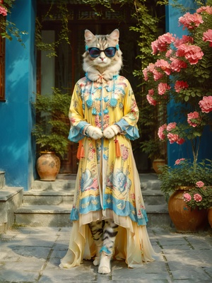 utiful kitten, standing, wearing fashionable dress and sunglasses,Light yellow and blue, contrasting colors, bright colors, surrealism, long shot, catwalk scene s 250