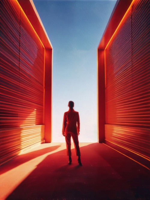 glowing gold lines,a red hallway wallpaper with red light through a white light, in the style of32k uhd, dynamic linear compositions, luminous atmosphere, minimalist stage designs, neon, light amber ar 2:1s 250 no black color