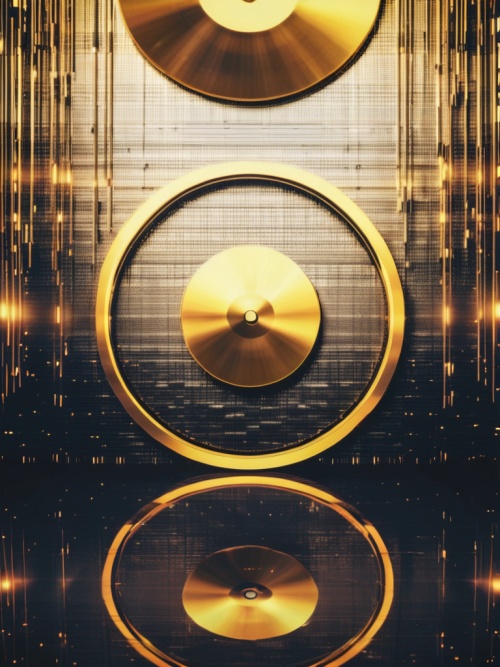 in the style of minimalist stage designs,In the distance The golden disc serves as ascreen,mirrored lakes, Minimalist,Black and golden brown,depth, Studio Lighting, High Quality, Super Detailed, UltraHD 32K UHDar 3:4v 5.2
