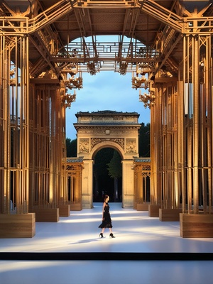 Catwalk stage design, Paris Fashion Week, ancient Chinese architectural environment,simplified structures， cool lighting, rich video content