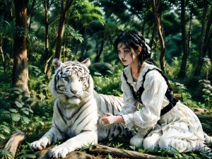 森林内，一头白色的老虎和一位穿着白色衬衫，头发是黑色的18岁女孩