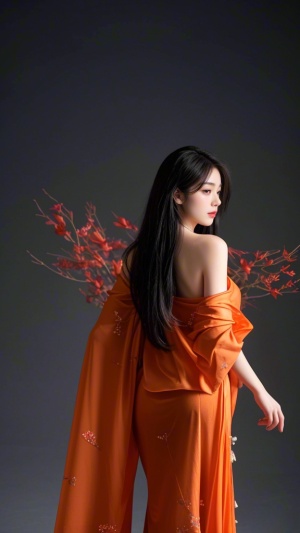 深色渐变背景，有橙色的光影，女性妖娆曲线的背影，远距离拍摄，意境，中国风，长发飘飘，飘逸的纱缎