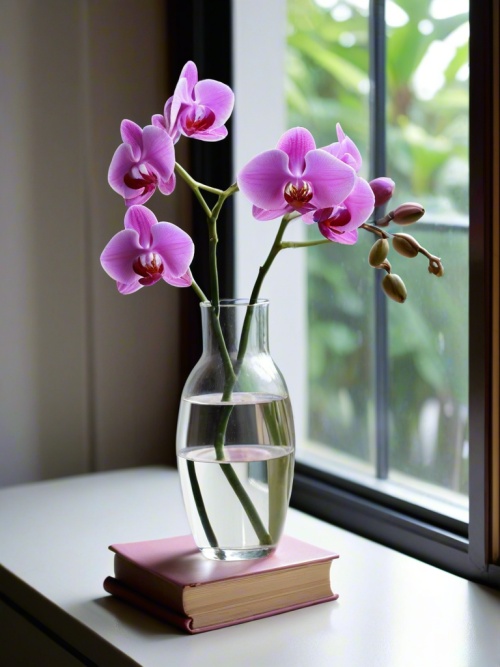 透过玻璃窗看见一张圆桌上放着翻开的一本书和一个装饰花瓶，花瓶中插着一支粉色蝴蝶兰花，文艺而且安静,第三人称视角