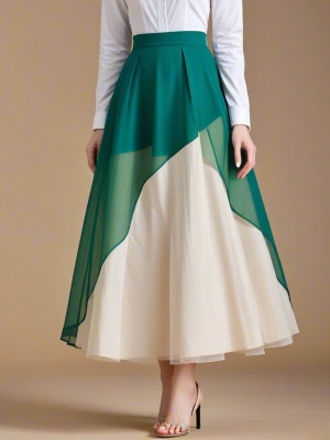 蓝白拼布日常长短裙与香槟色欧根纱绿长裙