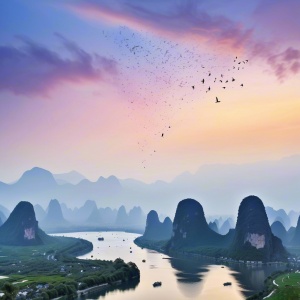 桂林山水，有鸟在天空飞翔。
