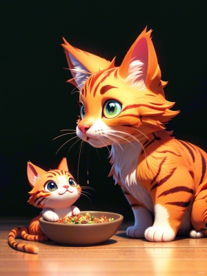 小橘猫和一只猫在吃碗里的食物，宠物猫，kitty-bird杂交，猫吃，正在看一只猫，可爱和可爱，美丽和可爱，可爱的动物，宠物动物，美丽可爱，眼神接触，眼神接触，awww，吃零食，可爱的猫照片，使眼神接触，超现实的图片只