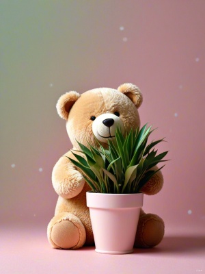 淡粉色背景墙下，毛茸茸小熊环抱绿色盆栽