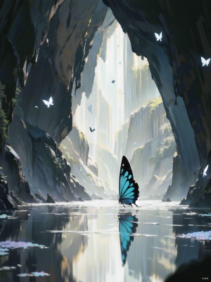 一个美丽的场景，蝴蝶在洞穴中飞舞，光线透过水面照射进来，8k, 蝴蝶，没有人，风景，水，倒影，发光，光线，光粒子，发光的蝴蝶，夜晚