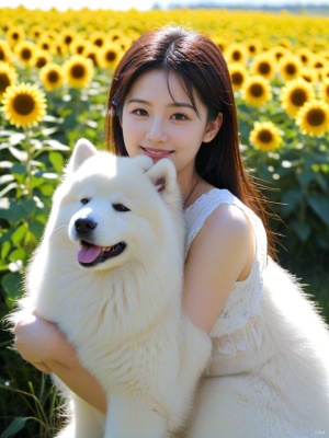一只巨大的萨摩耶犬，一个微笑的小女孩，梦幻和治愈的场景，向日葵花田MonoKubo style，柔和明亮的颜色，超高清动漫-插图