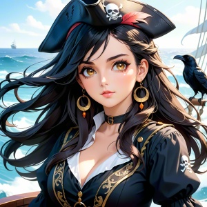 a pirate girl, masterpiece, 8k, best quality, raven black hair, wavy locks, amber eyes, pirate captain outfit, headshot, pirate ship deck, stormy sea, gold hoop earrings