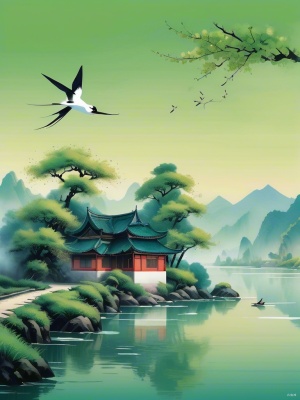 青山绿水为背景的春景插画，流淌的河岸上飞过小房子的燕子，绿柳树，中国传统水墨画风格，下雨，五颜六色的卡通人物，五颜六色的墨点，平面构图，黑色边框，顶部纯白色空间，底部纯黑色天空，超高清分辨率， 最佳质量