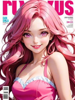 一个粉色波浪卷长发少女，粉色的眼睛，粉嫩的红唇，微笑，抹胸长裙，杂志封面，漫画风格