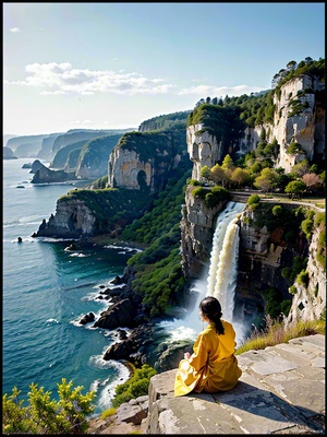 Cliffs and a cascading waterfall in the distance . Magnificent temple buildings among the cliffs , jumping bright yellow , texture of gold leaf stickers , monks meditating in the distance , wearing bright yellow robes , oriental aesthetics , Zen , gray tones and bright yellow , color collision , superb painting skills , perfect composition , rich and delicate expression . Gilt collage , graphic design , poster design , Zao Wou - ki