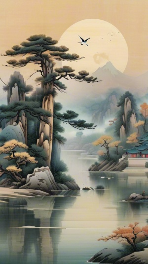 中国画山水画，有意境，松柏，仙鹤，中式美学