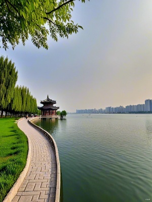 钱塘湖春天的一些景色和细节，水面平静、云朵低垂，风景美如画，超高清
