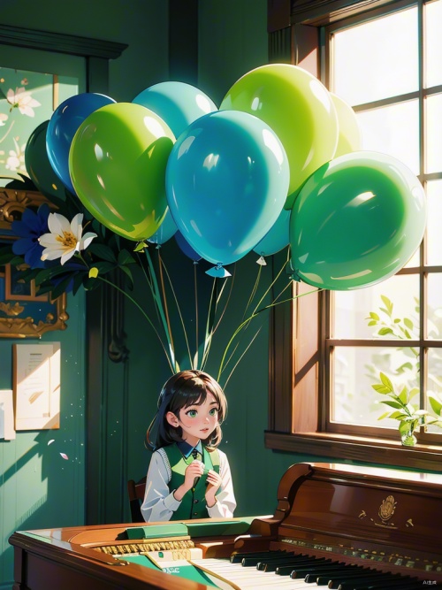 绿色飘窗，彩色气球，钢琴，花束，飘落的花瓣，清新唯美氛围感，不要人物