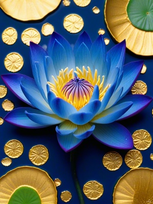 蓝色色的莲花在蓝色的河水里绽放，上面布满了金币金沙金箔