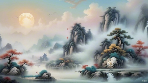 一副梦幻的中国山水画，云雾缭绕，山峦若隐若现，