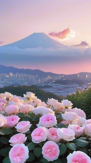 s.mj.runNlRkIqNim40 in the evening, real scene shooting 1000 beautiful and romantic pink and white roses glow, beautiful flowers are clearly visible, white and red flowers, fluffy and soft petals, on both sides are many flowers, sunset sky, far away is the city, refracting pink light, super realistic, super real, photography, magic, fantasy, clear, 8k, ureal, shot in hd by hayao miyazaki.
