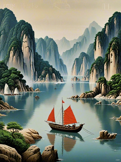 国潮插画，意境中式山水，山脉连绵，水围绕着山，小船，