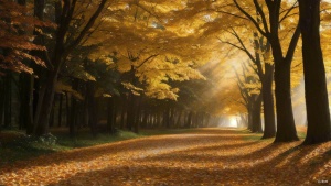 景观， 秋天的森林， 金色的树叶， 早晨的阳光，丁达尔效应， 透视视图