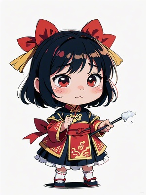 小女孩，精致的红汉服，古典精致，中国风，全身图，chibi，12种姿势和表情，emoticons[头晕、高兴、生气、哭泣、悲伤、可爱、期待、大笑、失望和害羞、困倦、吃饭、头晕、表达爱意，等]，线条艺术，贴纸艺术，白色背景