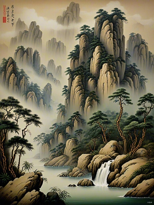 水墨山水AI绘制的中国山水画，笔触细腻，层次分明。淡墨和浓墨的巧妙运用，营造出云雾缭绕的景象；水面墨色的变化，生动地捕捉了流动的韵律；巧妙的构图，远近景深的层次，感让人仿佛置身其境；近处的树木和岩石，中间的连绵山峦，远处的云雾缭绕，每一处都细节丰富，和谐共融，让人的目光在画中自由游走，品味无穷。画面传达了一种，对自然景观的精准描绘和深情赞美，体现了山的坚毅与水的智慧，寓意深远。小舟和远方的亭子，似乎在诉说着人与自然的和谐相处，展现了一种理想的自然生活状态。 #ai绘画