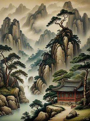 中国山水画：水墨细腻，层次分明，营造云雾缭绕，流动韵律，近景远景丰富细节，和谐共融，赞美自然，展现和谐相处