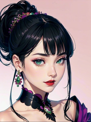 Delicate and gentle temperament, (High detail, 8K resolution, ultra-high resolution, best quality), Peerless beauty, (Black hair), Classical style high ponytail hairstyle, Chubby face shape, Beautiful makeup, Exquisite facial features, Clavicle, Shoulders, Deep black shiny dragon eyes, High nose bridge, Red lips, Long eyelashes, Bright eyes with purple臥蚕(wocang), Lipstick, Face smiling, Background in pink, Purple and green classical style Jin system Hanfu, Dignified, beautiful and elegant, Close-up of the f