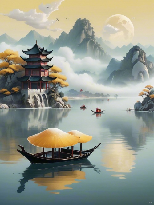 一张中国食物海报描绘了几个形状像山一样的巨大蘑菇和漂浮在水上的小船,船里的人穿着汉服。背景是淡黄色的,有着精致的细节,以黄金比例构图的山水画超现实风格。食品摄影包括古建筑和竹叶在空中飞舞的中式山水画风格。它看起来像是沙盘艺术,高分辨率且带有一丝烟雾。