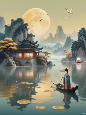 一张中国食物海报描绘了几个形状像山一样的巨大蘑菇和漂浮在水上的小船,船里的人穿着汉服。背景是淡黄色的,有着精致的细节,以黄金比例构图的山水画超现实风格。食品摄影包括古建筑和竹叶在空中飞舞的中式山水画风格。它看起来像是沙盘艺术,高分辨率且带有一丝烟雾。