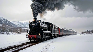 肌理磨砂，摄影，高角度拍摄，极简主义，中式现代极简，下雪，蒸汽火车，暗色的天，白色的雪地，一列火车穿过冰雪覆盖的山林，喷出浓浓的蒸汽与雪浑然一体，大面积留白，干净的背景，水平构图，极简构图，超精致的细节，高清，8K