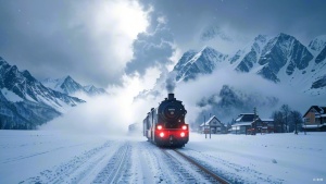 肌理磨砂，摄影，高角度拍摄，极简主义，中式现代极简，下雪，蒸汽火车，暗色的天，白色的雪地，一列火车穿过冰雪覆盖的山林，喷出浓浓的蒸汽与雪浑然一体，大面积留白，干净的背景，水平构图，极简构图，超精致的细节，高清，8K