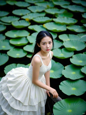a white dress girl on a bridge in tropical environment, full of lotus leaf,in the style of organic minimalism, aerial view, nature-inspired camouflage, child-like innocence, national geographic photo, raw street photography, elongated