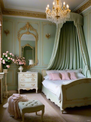马卡龙色系的少女卧室，精准的陈设，绣球花，古风瓷器，洛可可风格，丁达尔光