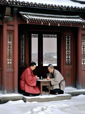 中国古代，下雪天，从古屋内可以看到门外的雪，屋内二男人坐在火炉旁，地上放了一坛酒。