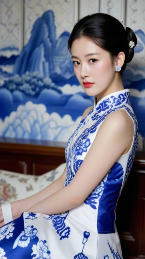 Elegant Beauty in Blue and White: Timeless Qipao Chic