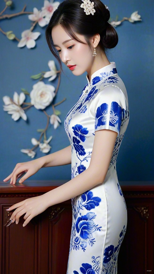 A classical beauty in a blue and white porcelain - patterned qipao , wearing exquisite hair accessories , with a background of blue and white porcelain , detailed and soft colors , showcasing elegance and timeless beauty .