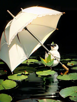湖中荷叶鸟伞相伴
