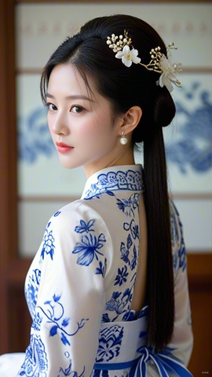 A classical beauty in a blue and white porcelain - patterned qipao , wearing exquisite hair accessories , with a background of blue and white porcelain , detailed and soft colors , showcasing elegance and timeless beauty .