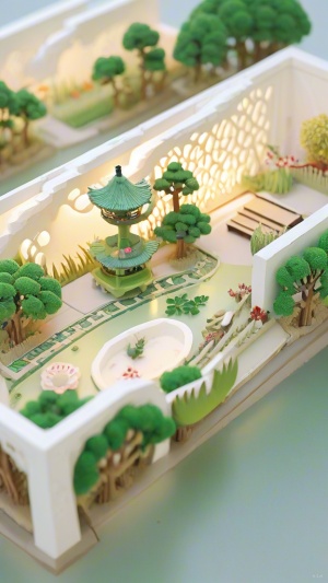 图片描绘了一个微型纸雕花园，以中国风格为主题。在花园的中心是一座绿顶建筑物，周围被绿树环绕，其中一些树似乎是果树。水池贯穿整个场景，增添了自然氛围。场景被放置在两个白色玻璃碗内，使其看起来像是悬浮于空中。该场景体现了中国园林的微缩艺术，注重细节并创造出和谐平衡的环境。